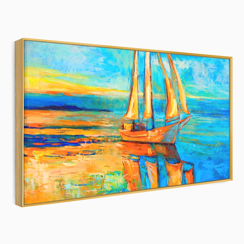 Tablou canvas cu tablou canvas cu barca cu panze pe marea portocalie, in rama de aluminiu auriu